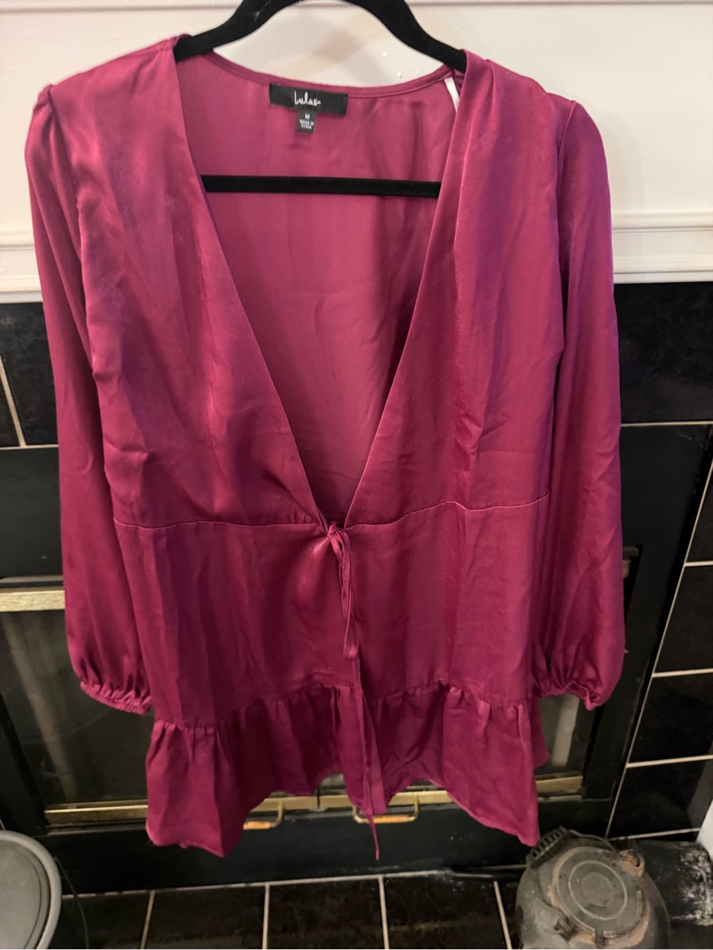 Lulu's Deep V Tie-Front Long Sleeve Top in Fuchsia